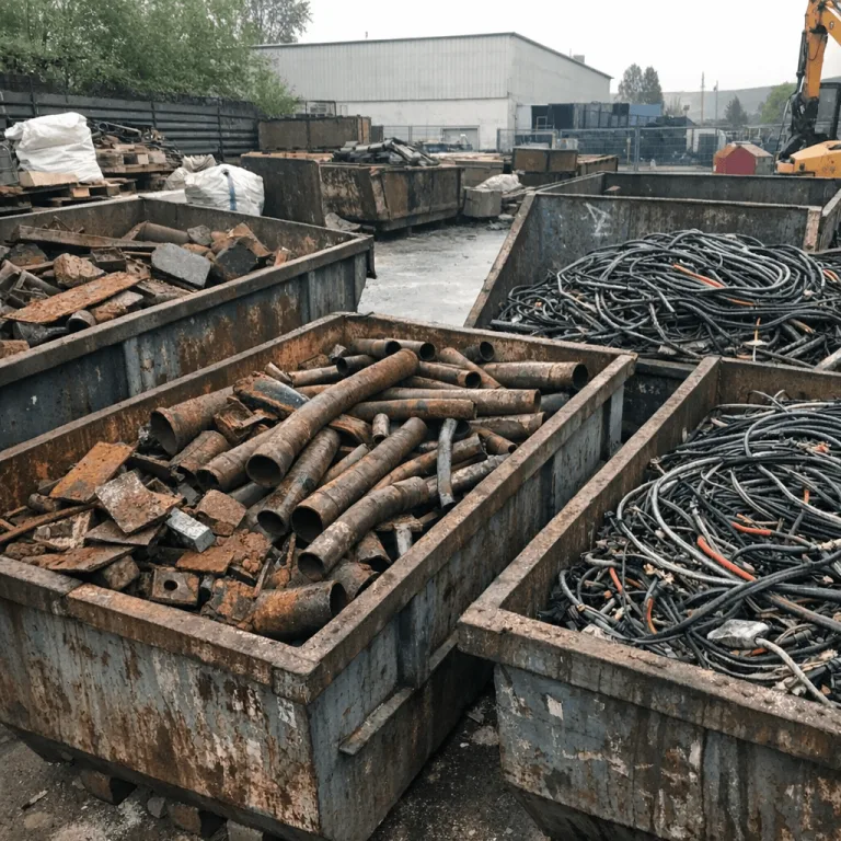 Sortierte Schrottcontainer auf einem Gewerbehof