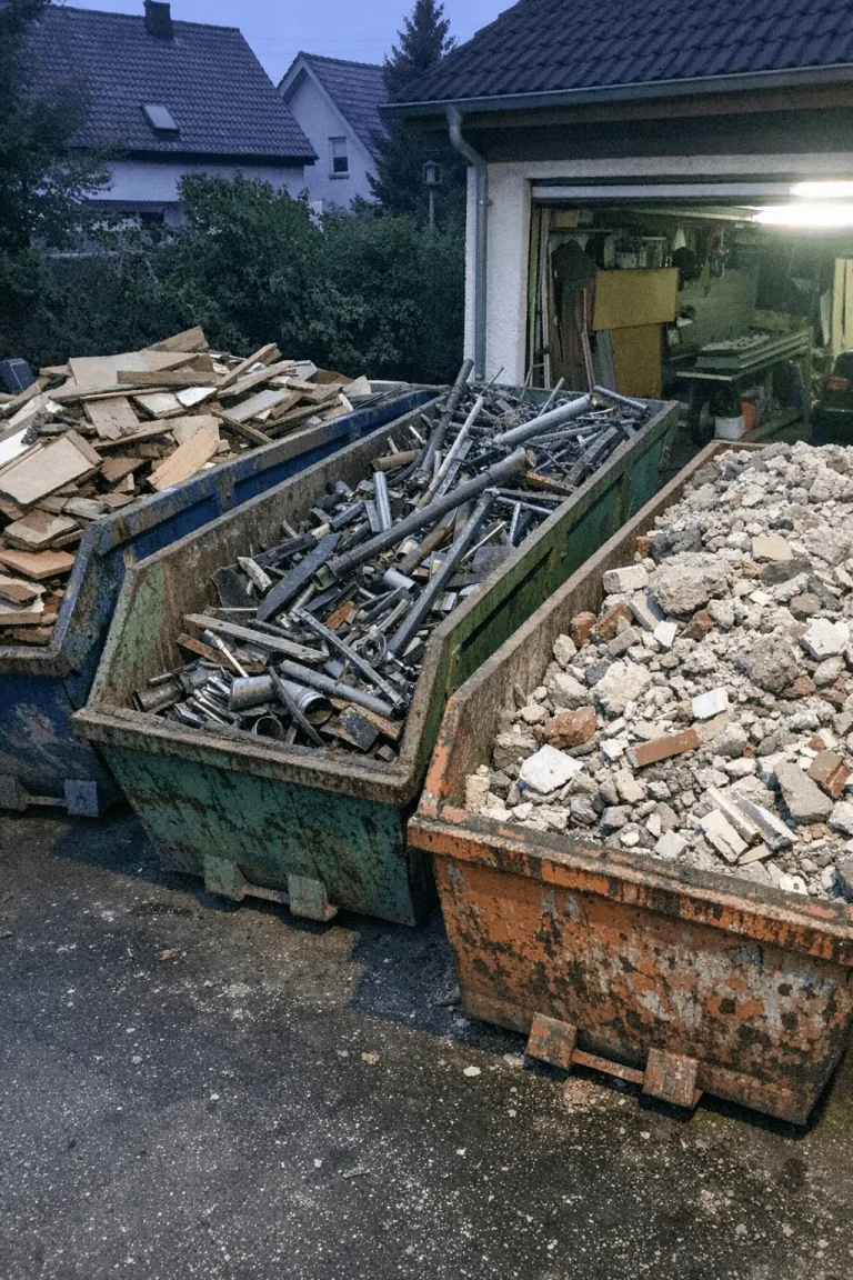 Sortierte Abfallcontainer mit getrennten Materialien nach einer Hausauflösung
